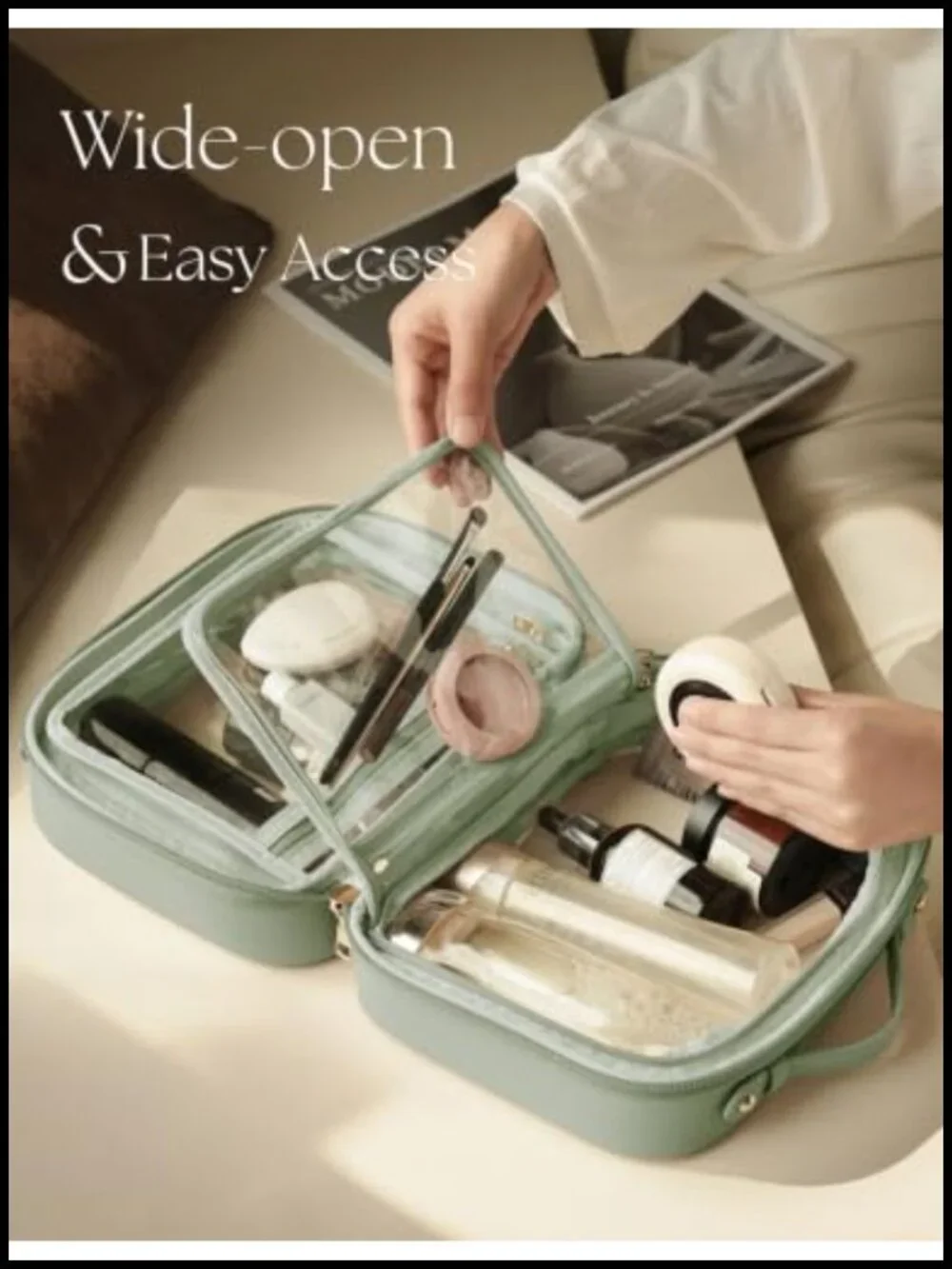 Large Clear Cosmetic Bag with 4 Compartments, Travel Toiletry Organizer, Faux
